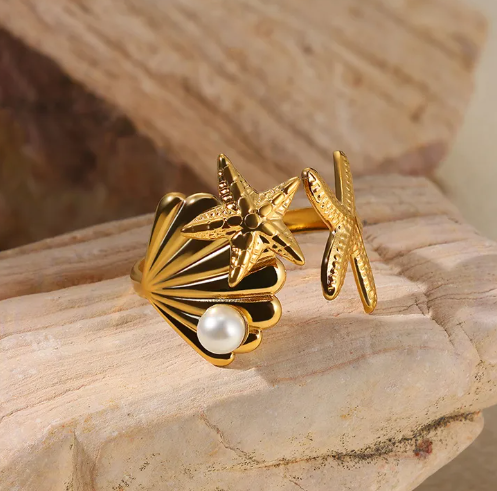 Golden Tide Adjustable Ring β Starfish, Shell & Pearl