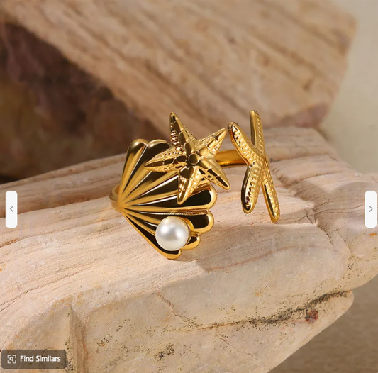 Golden Tide Adjustable Ring – Starfish, Shell & Pearl